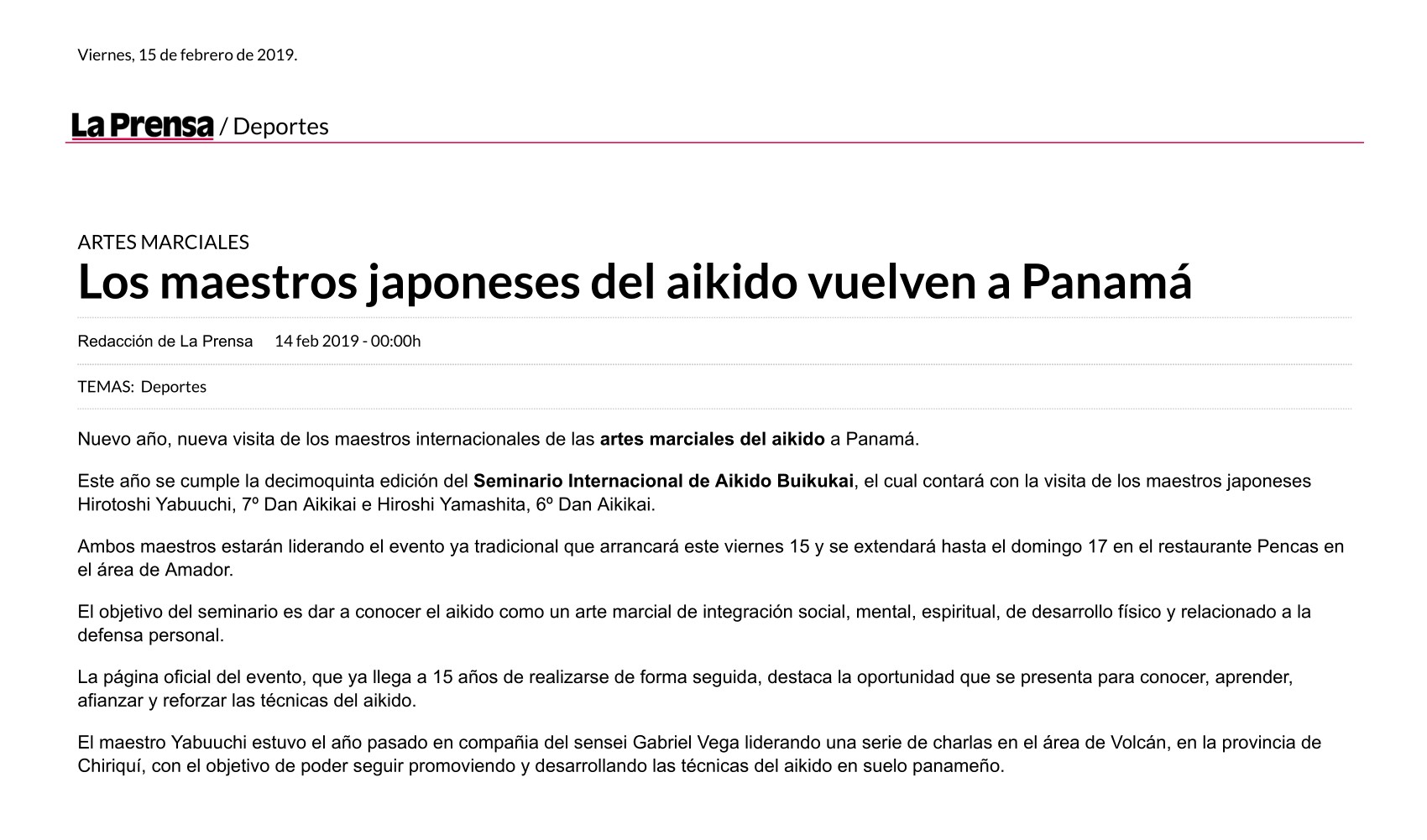 Los maestros japoneses del aikido vuelven a Panamá